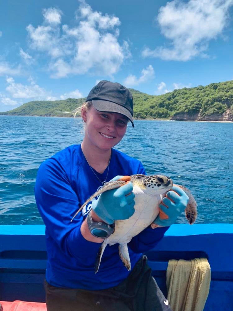 Naomi Westlake with a sea turtle